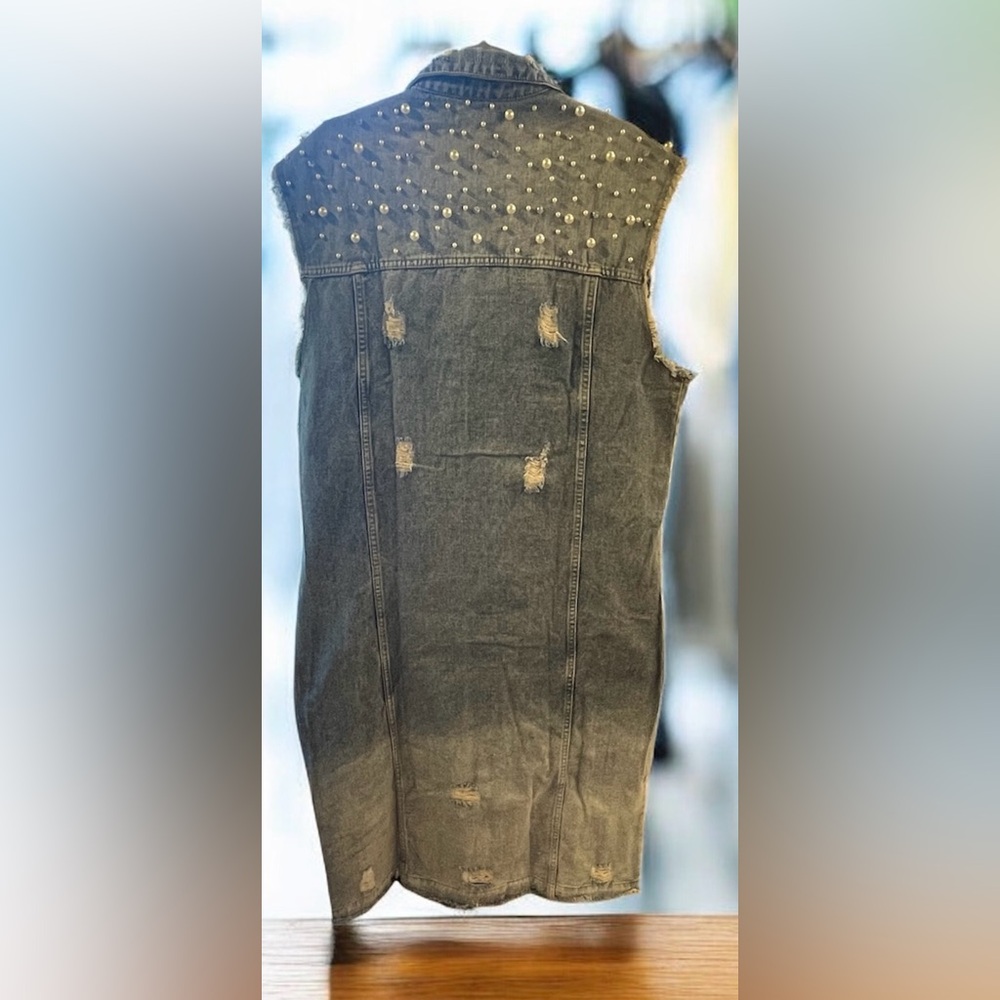 Women's Long Denim Vest with Pearl & Rhinestone Accents - Picture 7 of 9